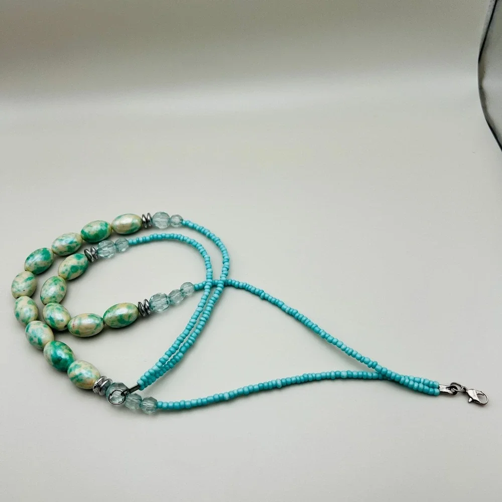 Turquoise Blue Double Strand Beaded Necklace Marbled Oval Beads Seed Beads‎
